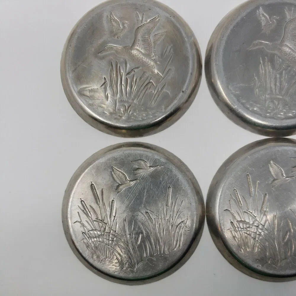 Ducks Geese Coasters Aluminum Vintage MCM 1950's Cattails Collectible